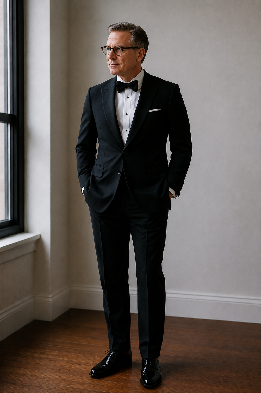 Black tuxedo, silk peak lapel.