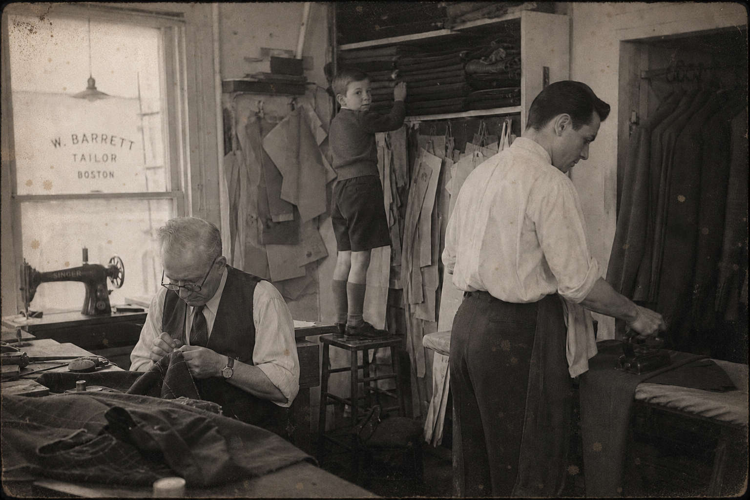 Archival photograph of the Barrett family at work in the shop.