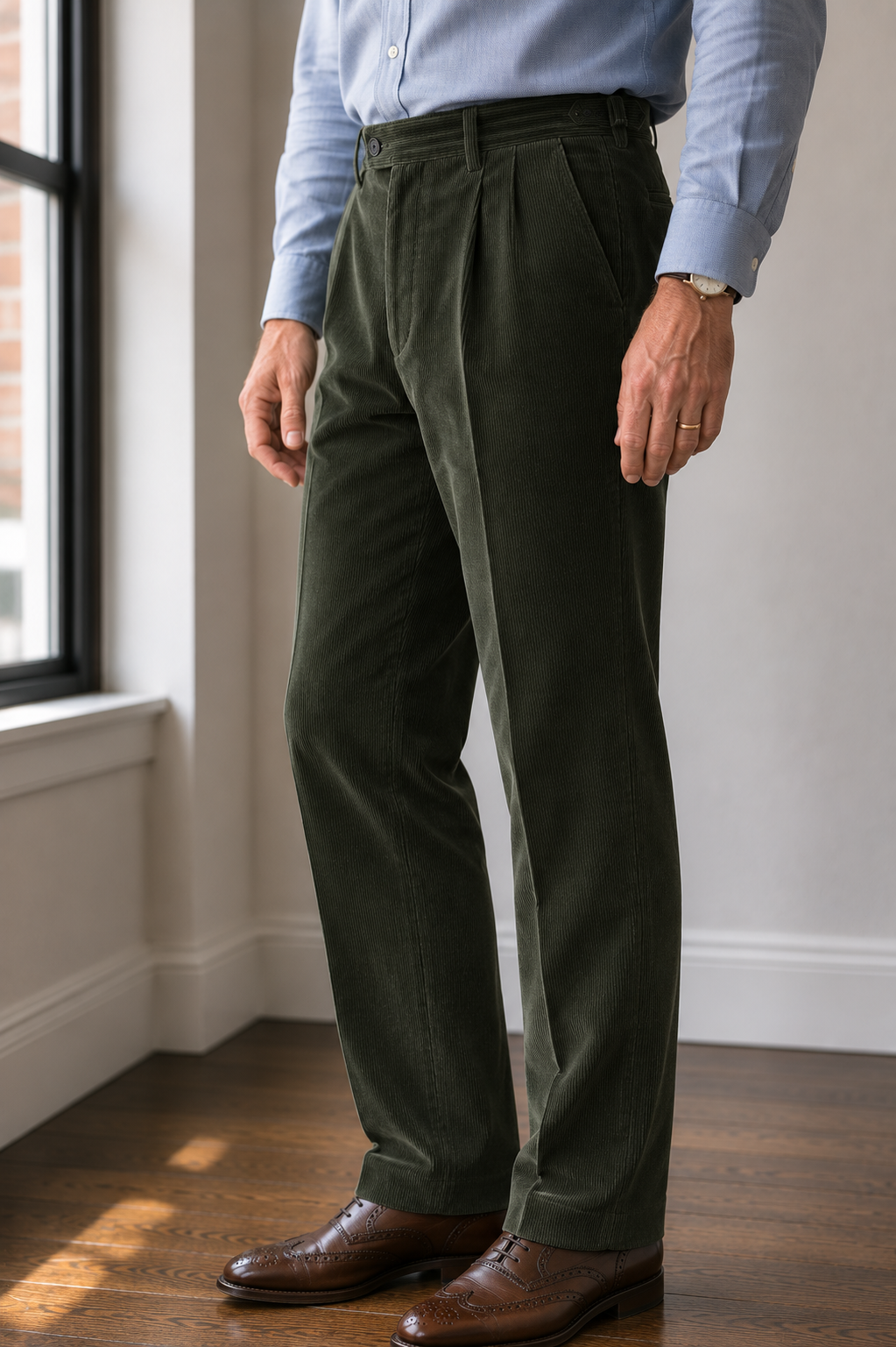 Olive corduroy trousers.