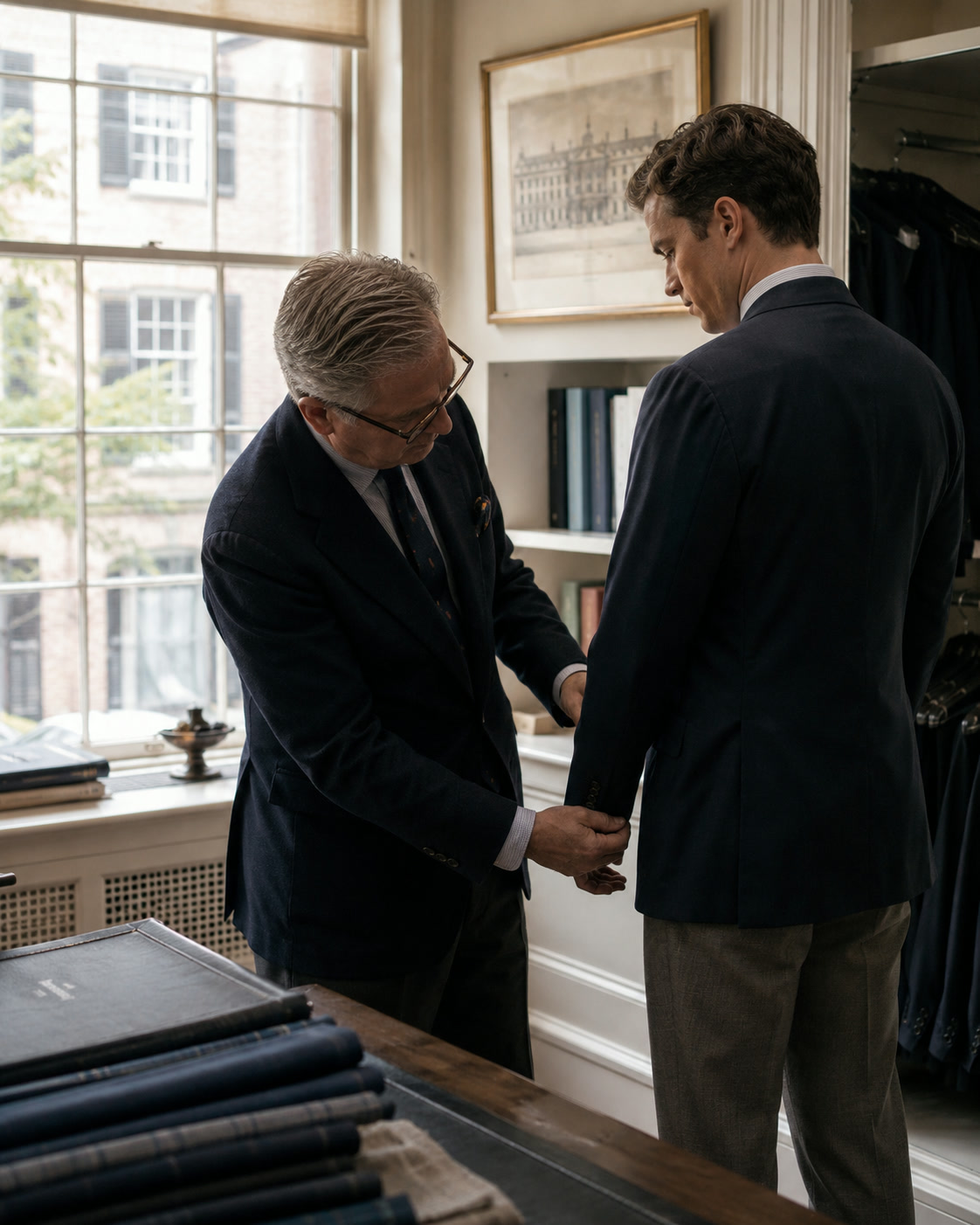 A fitting in the Charles Street shop, jacket sleeve checked by hand.